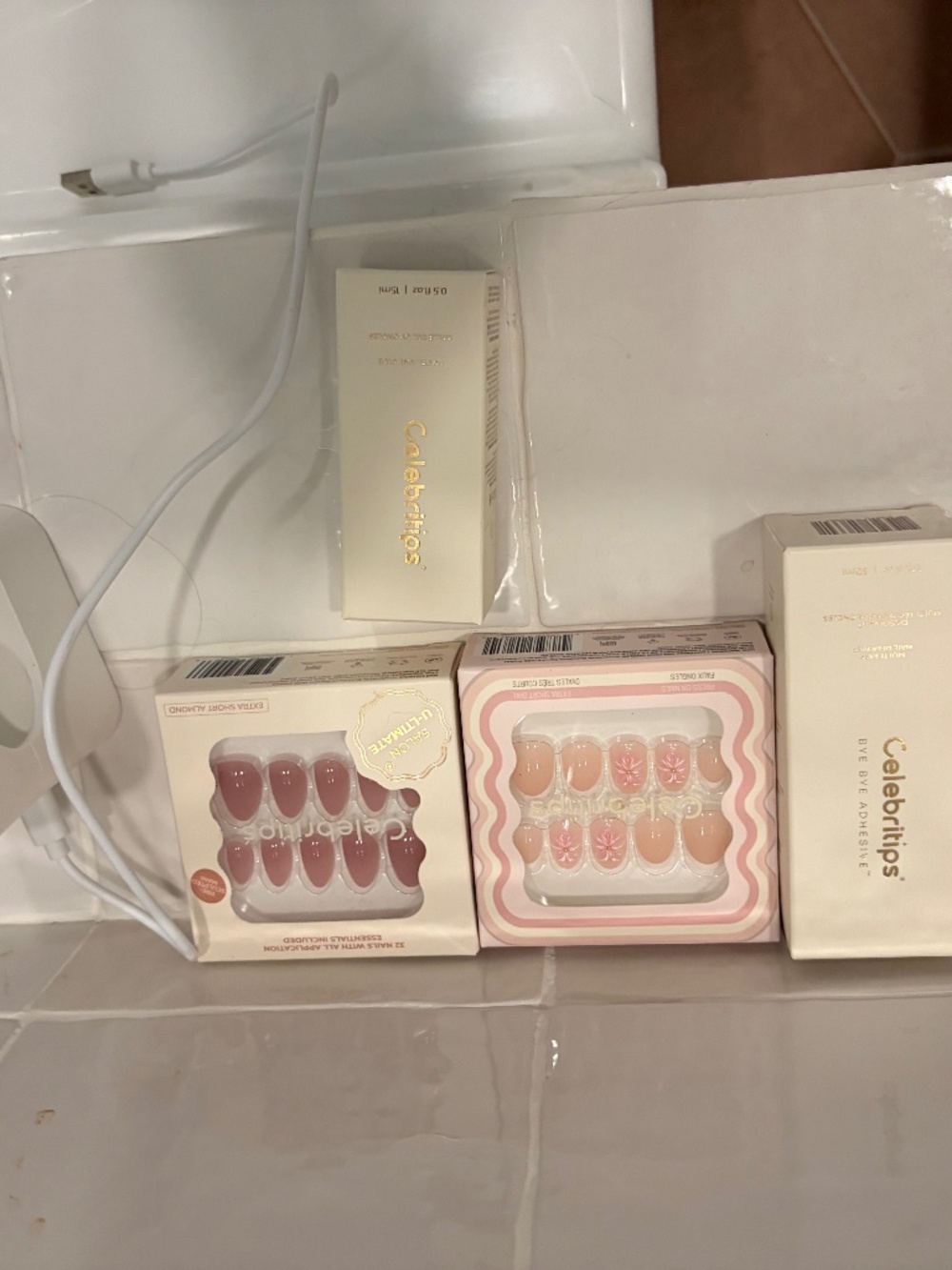 2 Sets Celebritips Press-On Nails Almond Pink Nude Kit - UV Lamp, Remover, Glue